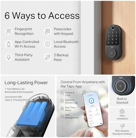 Tapo Smart Wi Fi Door Lock  Deadbolt   Keyless Entry  Fingerprint Recognition  Touchscreen Keypad & in App Monitoring with Scheduled Access 1 Year Rechargeable Battery   BHMA Grade 2   DL110