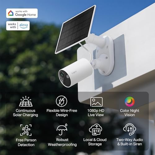 Tapo SolarCam 1080p Outdoor Wireless Security Camera   Battery Power with Solar  Person Detection  Subscription Free Local Storage or Optional Cloud  Works with Alexa & Google Assistant  C402 KIT