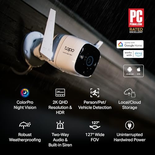 Tapo TP Link ColorPro Wi Fi Outdoor Camera   Plug in   Daylight Clarity at Night   2K QHD   Person/Pet/Vehicle Detection   Local/Cloud Storage   127  FOV   Built in Siren C325WB