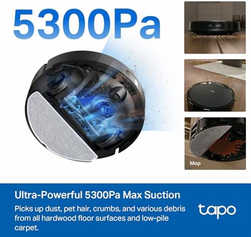 Tapo Ultra Slim LiDAR Smart Navigation Robot Vacuum and Mop with Self Emptying Dock  5300Pa Max  97   Dust Pickup Rate  Self Charging  Compatible with Alexa & Google Home  RV20 Max Plus
