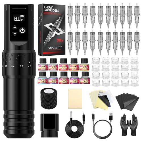 Tattoo Gun Kit Complete Tattoo Machine Kit  Xnet Cordless Rotary Tattoo Pen 7 Adjustable Strokes with 2400 mAh Battery  20pcs X ray Mixed Sizes Cartridge Needles Set Supply for Starter