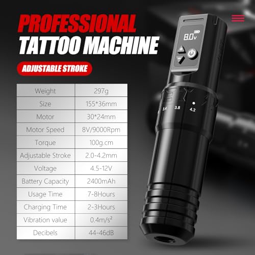 Tattoo Gun Kit Complete Tattoo Machine Kit  Xnet Cordless Rotary Tattoo Pen 7 Adjustable Strokes with 2400 mAh Battery  20pcs X ray Mixed Sizes Cartridge Needles Set Supply for Starter