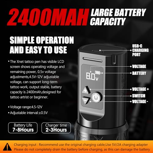 Tattoo Gun Kit Complete Tattoo Machine Kit  Xnet Cordless Rotary Tattoo Pen 7 Adjustable Strokes with 2400 mAh Battery  20pcs X ray Mixed Sizes Cartridge Needles Set Supply for Starter