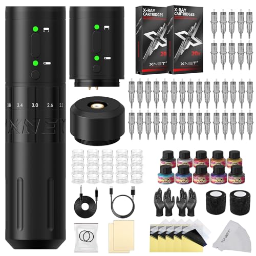 Kit de tatuaje de pistola de tatuaje, kit completo de máquina de tatuaje, bolígrafo de tatuaje de carrera ajustable Xnet E1 con baterías duales, fuente de alimentación de 2000 mAh, juego de 40 agujas