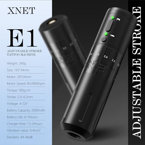 Kit de tatuaje de pistola de tatuaje, kit completo de máquina de tatuaje, bolígrafo de tatuaje de carrera ajustable Xnet E1 con baterías duales, fuente de alimentación de 2000 mAh, juego de 40 agujas