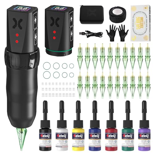 Tattoo Kit Tattoo Machine with Two 1600mAh Batteries LED Display Tattoo Gun 20PCS Tattoo Cartridge Needles and 7PCS Ink
