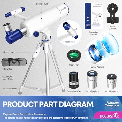 Telescope for Adults High Powered  90mm Aperture 550mm Portable Refractor Telescope for Kids & Astronomy Beginners  Professional Telescopes with Tripod  Phone Adapter  Moon Filter  Carry Bag