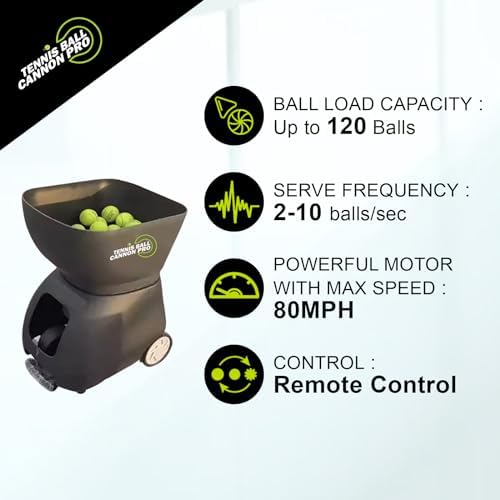 Tennis Ball Cannon Pro  Portable Tennis Ball Machine  48lbs    Dual Motor for Top Spin and Backspin   Up to 120 Balls  Max Speed 80MPH   6 Hours Playtime with Rechargeable Lithium Battery