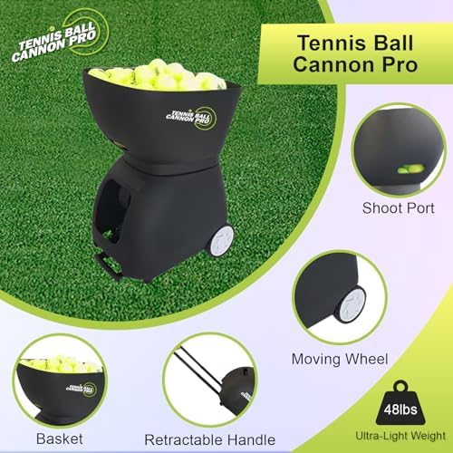 Tennis Ball Cannon Pro  Portable Tennis Ball Machine  48lbs    Dual Motor for Top Spin and Backspin   Up to 120 Balls  Max Speed 80MPH   6 Hours Playtime with Rechargeable Lithium Battery