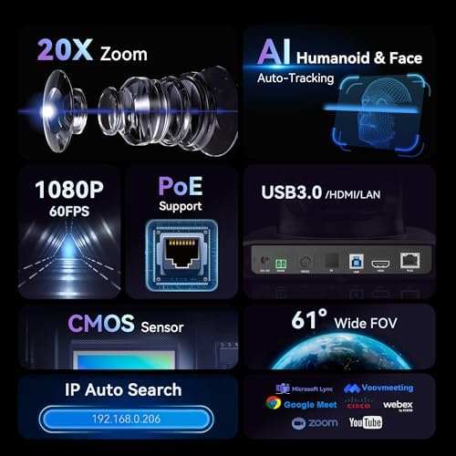 Tenveo HDMI/USB3 0/LAN PoE  PTZ Camera AI Humanoid & Face Auto Tracking  20X Optical Zoom PTZ Camera IP Live Streaming  FHD 1080P 60FPS  for Church Services Worship Video Conference Live Streaming