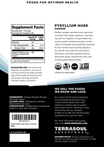 Terrasoul Superfoods Organic Psyllium Husk Powder  1 Lb   Superfine Texture   99  Purity   Perfect for Gluten Free Baking   No Purple Breads