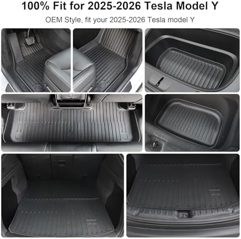 Tesla Model Y Juniper Floor Mats 2026 2025 Full Set All Weather Non Slip Floor Liner for New Model Y 2025 2026 Cargo Mats and Seat Back Cover Protector Tesla Model Y Trunk Mat