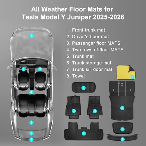 Tesla Model Y Juniper Floor Mats 2026 2025 Full Set All Weather Non Slip Floor Liner for New Model Y 2025 2026 Cargo Mats and Seat Back Cover Protector Tesla Model Y Trunk Mat