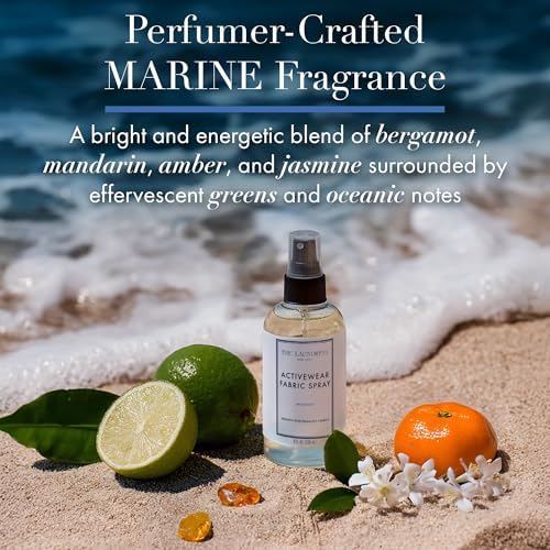 The Laundress Activewear Fabric Refresher Spray  8 Oz  Marine Fragrance  Bright  Energetic  Odor Freshener for Performance Gear  Towels  Tote Bags  Sneakers & Yoga Mats  48 Hours  Fragrance