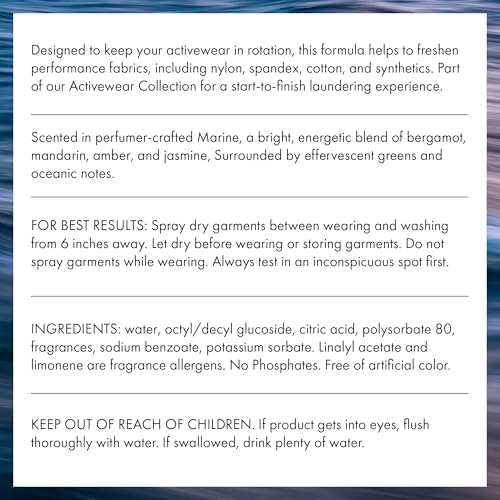 The Laundress Activewear Fabric Refresher Spray  8 Oz  Marine Fragrance  Bright  Energetic  Odor Freshener for Performance Gear  Towels  Tote Bags  Sneakers & Yoga Mats  48 Hours  Fragrance