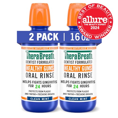 TheraBreath Healthy Gums Oral Rinse  Antigingivitis  Clean Mint Flavor  Dentist Formulated to Help Prevent Gingivitis and Support Gum Health  Alcohol Free  16 Fl Oz  Pack of 2 