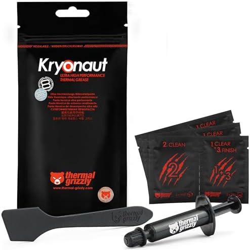 Thermal Grizzly Kryonaut   1 Gram   Extremely High Performance Thermal Paste   12 Cleaning Wipes 6 Wet & 6 Dry   for Demanding Applications and Overclocking CPU/GPU/PS4/PS5/Xbox