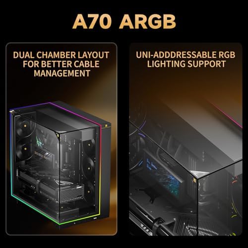 Thermalright A70 ARGB Black ATX Gaming Case Three Sided Column Free Glass 8 CPU Fan Slots   Four Way Airflow Tool Free Quick Release Vertical Graphics Card Mounting Anti Fall Panoramic Light Strip