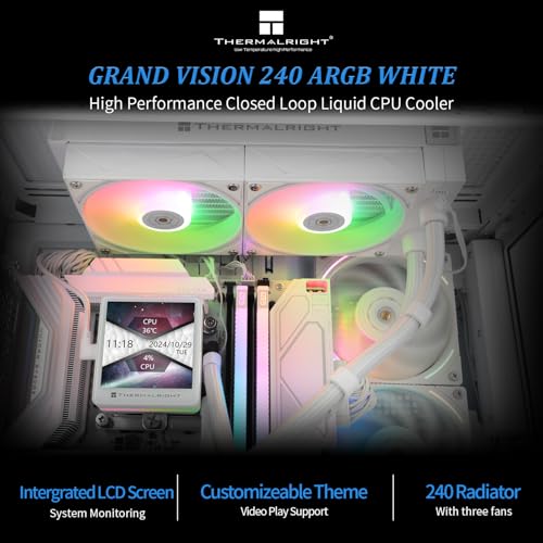 Thermalright Grand Vision 360 ARGB White AIO CPU Liquid Cooler IPS LCD Screen with 480x480 Resolution for AM5/Intel LGA1851/1700  3 4 inch Magnet Absorbent LCD Screen for Images  White
