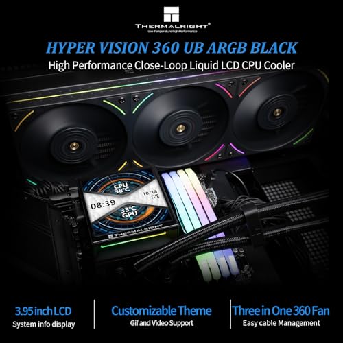 Thermalright Hyper Vision 360 UB ARGB Black CPU AIO Cooler 360mm Radiator  Magnetic Panel IPS LCD Screen with 480x480 Resolution for AM4/AM5;Intel LGA1851/1700 3 95in Screen High Performance Pump