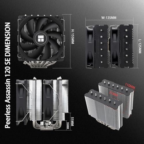 Thermalrlght Peerless Assassin 120 SE CPU Air Cooler  6 Heat Pipes  Dual 120mm TL C12C PWM Fans  Aluminum Heatsink Cover  AGHP Technology  for AMD AM4 AM5/Intel LGA 1700/1150/1151/1200/1851 PA120SE 