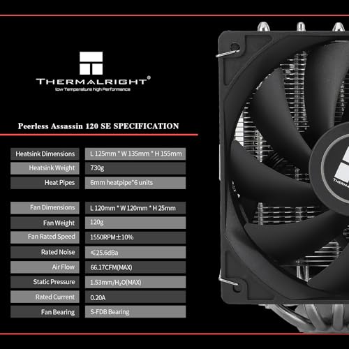 Thermalrlght Peerless Assassin 120 SE CPU Air Cooler  6 Heat Pipes  Dual 120mm TL C12C PWM Fans  Aluminum Heatsink Cover  AGHP Technology  for AMD AM4 AM5/Intel LGA 1700/1150/1151/1200/1851 PA120SE 