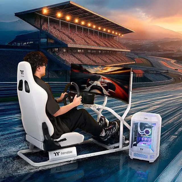Thermaltake GR300 Racing Simulator Cockpit; Adjustable PVC Seat; Adjustable Pedal & Wheel Mounts; Shifter Mount Included; Compatible with Thrustmaster/Logitech/Thermaltake/Fanatec; GSC R30 CPASWH 01