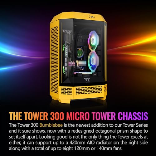 Thermaltake Carcasa Tower 300 Bumblebee Micro-ATX; ventilador CT de 0.079 x 5.512 in incluido; soporta radiador de hasta 16.535 in; kit de soporte de chasis opcional que permite visualización