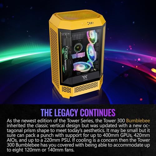 Thermaltake Carcasa Tower 300 Bumblebee Micro-ATX; ventilador CT de 0.079 x 5.512 in incluido; soporta radiador de hasta 16.535 in; kit de soporte de chasis opcional que permite visualización