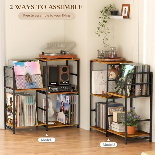 ThreeHio Record Player Stand  Turntable Stand with Vinyl Storage Holds up to 300  Albums  Storage Cabinet for Vinyl Records  Record Player Table for Living Room