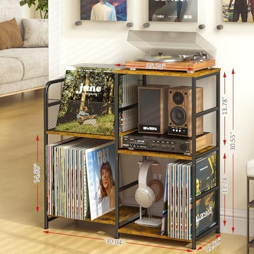 ThreeHio Record Player Stand  Turntable Stand with Vinyl Storage Holds up to 300  Albums  Storage Cabinet for Vinyl Records  Record Player Table for Living Room
