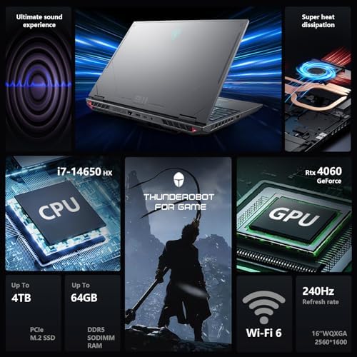 Thunderobot Radiant 16 4060 2 5K Gaming Laptop  16 WQXGA 240Hz Display  14th Gen i7 14650HX  GeForce RTX 4060  32GB DDR5 RAM  1TB PCIe SSD  RGB Backlit Keyboard  Wi Fi 6  Win 11  Gray