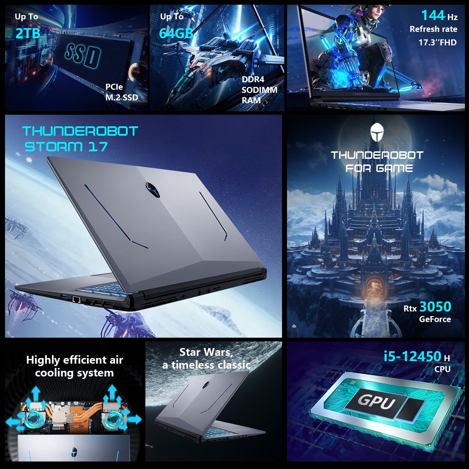 Thunderobot Storm 17 Gaming Laptop  17 3" FHD 144Hz  Core i5 12450H  GeForce RTX 3050  16GB RAM  512GB SSD  RGB Keyboard  Win 11 Home