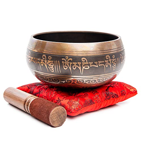 Tibetan Singing Bowl Set Authentic   Handmade in Nepal Sound & Meditation Bowl   Stress Relief Tool and Spiritual Decor for Yoga  Wellness Spaces & Relaxation by Himalayan Bazaar  Brown & Red