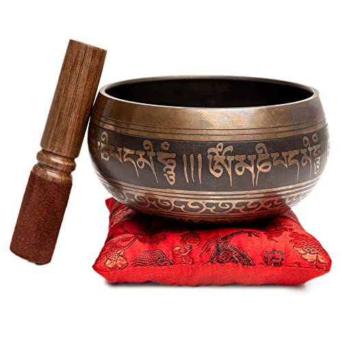 Tibetan Singing Bowl Set Authentic   Handmade in Nepal Sound & Meditation Bowl   Stress Relief Tool and Spiritual Decor for Yoga  Wellness Spaces & Relaxation by Himalayan Bazaar  Brown & Red