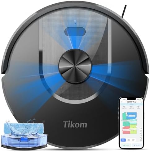 Tikom Robot Vacuum and Mop Combo  6000Pa Automatic Robotic Vacuum Cleaner  Smart Mapping  150 Min Max  Ideal for Pet Hair  Hardfloors  Carpets  Home L8000 Pro 
