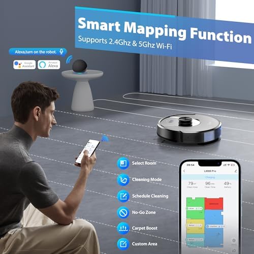 Tikom Robot Vacuum and Mop Combo  6000Pa Automatic Robotic Vacuum Cleaner  Smart Mapping  150 Min Max  Ideal for Pet Hair  Hardfloors  Carpets  Home L8000 Pro 