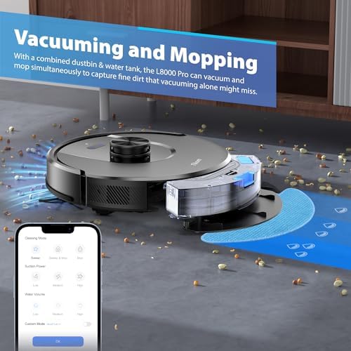 Tikom Robot Vacuum and Mop Combo  6000Pa Automatic Robotic Vacuum Cleaner  Smart Mapping  150 Min Max  Ideal for Pet Hair  Hardfloors  Carpets  Home L8000 Pro 