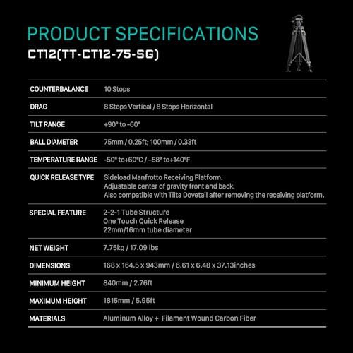 Tilta CT12 75mm Cine Fluid Head with 2 Stage One Touch Carbon Fiber Tripod Legs   Space Gray  12KG 