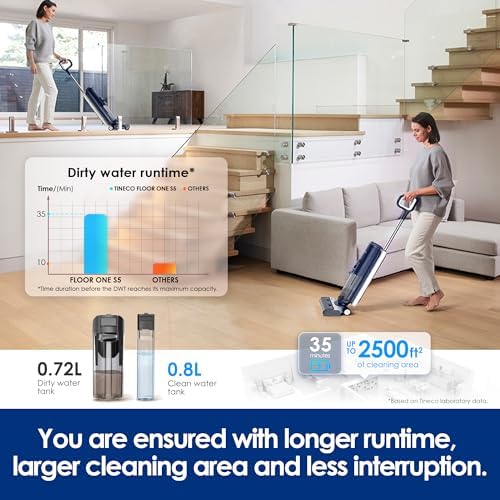 Tineco Floor ONE S5 Smart Cordless Wet Dry Vacuum Cleaner and Mop for Hard Floors  Digital Display  Long Run Time  Great for Sticky Messes and Pet Hair  Space Saving Design  Blue