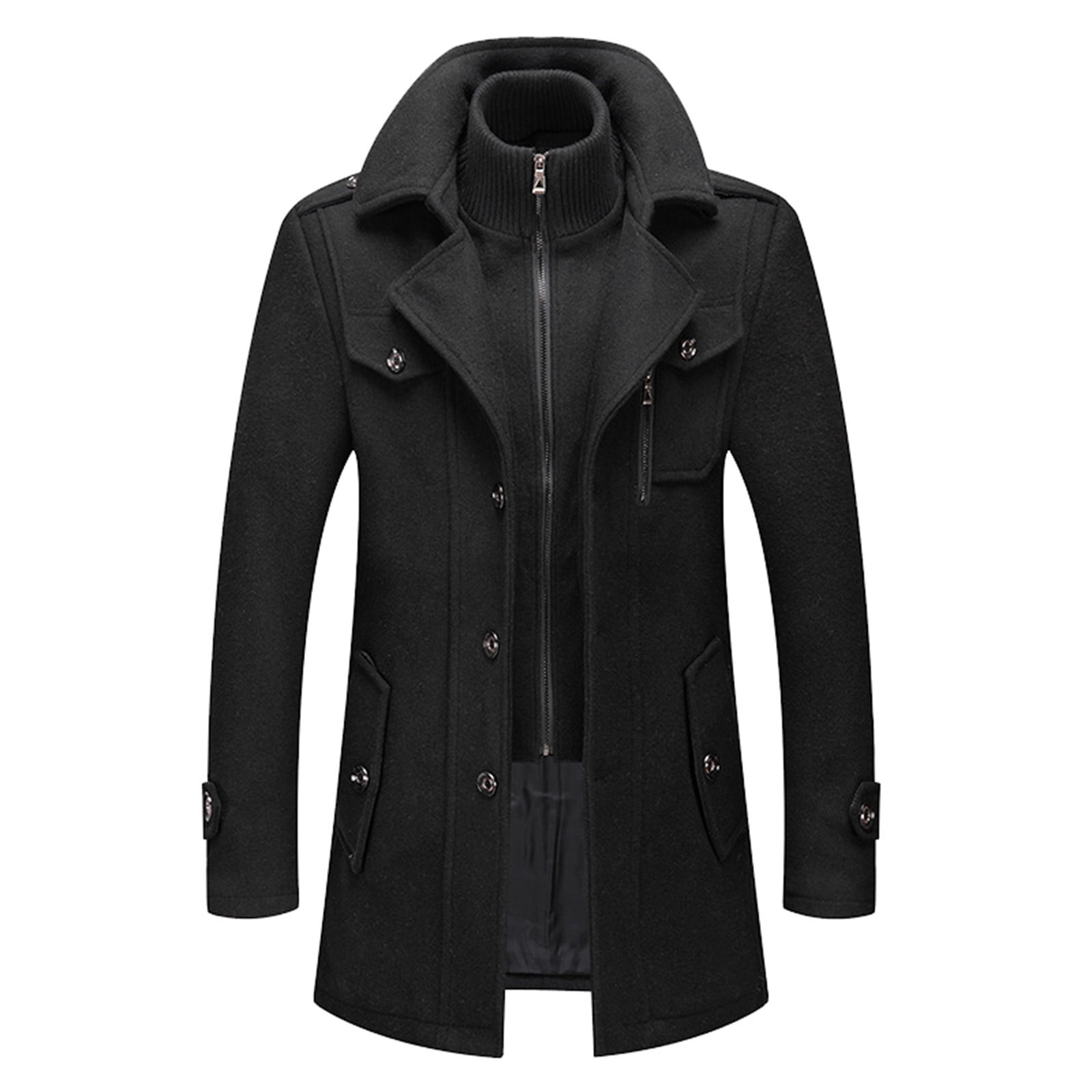 Tiweut Men s Thermal Single Breasted Wool Blend Coat Business Peacoat with Detachable Zipper Black L