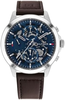 Tommy Hilfiger Mens Dressy Watch   Quartz Multifunction  Stainless Steel Case  Skeleton Dial  Link Bracelet   Gift for Him