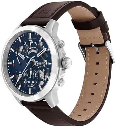 Tommy Hilfiger Mens Dressy Watch   Quartz Multifunction  Stainless Steel Case  Skeleton Dial  Link Bracelet   Gift for Him