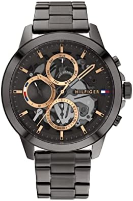 Tommy Hilfiger Mens Dressy Watch   Quartz Multifunction  Stainless Steel Case  Skeleton Dial  Link Bracelet   Gift for Him