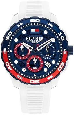Tommy Hilfiger TH Regatta Mens Chronograph Quartz Watch   44mm Stainless Steel Case  Rotating Bezel  Silicone Strap  Nautical  Inspired Sport Style  Gift for Him