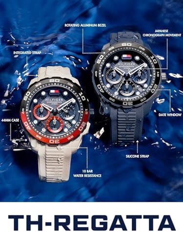 Tommy Hilfiger TH Regatta Mens Chronograph Quartz Watch   44mm Stainless Steel Case  Rotating Bezel  Silicone Strap  Nautical  Inspired Sport Style  Gift for Him