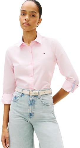 Tommy Hilfiger Womens Cotton Poplin Long Sleeve Button Down Shirt in Regular Fit with Roll Up Sleeve