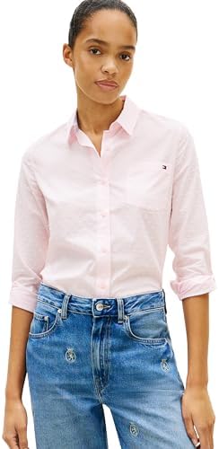 Tommy Hilfiger Womens Cotton Poplin Long Sleeve Button Down Shirt in Regular Fit with Roll Up Sleeve