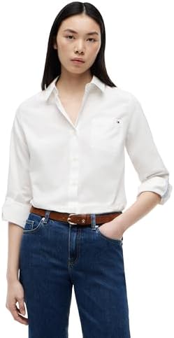 Tommy Hilfiger Womens Cotton Poplin Long Sleeve Button Down Shirt in Regular Fit with Roll Up Sleeve
