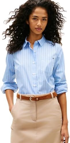Tommy Hilfiger Womens Cotton Poplin Long Sleeve Button Down Shirt in Regular Fit with Roll Up Sleeve